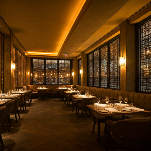 Interior of an elegant steakhouse restaurant with warm lighting